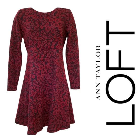 LOFT Dresses & Skirts - Ann Taylor LOFT Burgundy Black Brocade Fit & Flare Long Sleeve Dress 0P